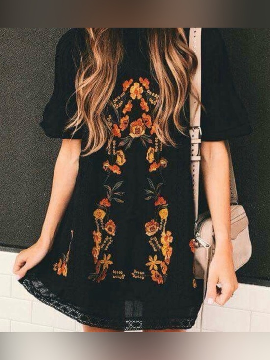 Free People Dresses & Skirts - Free People Perfectly Victorian
Embroidered Mini Dress in Black & Orange, Small